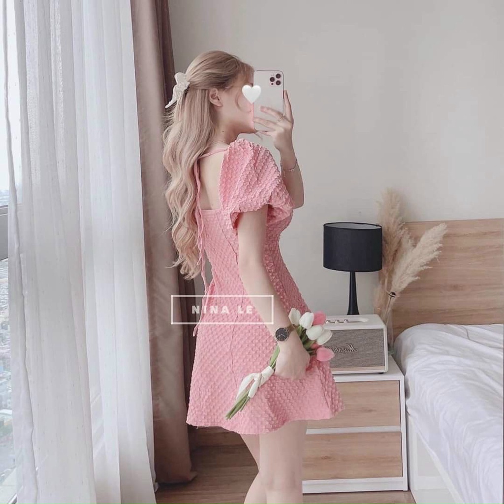 Đầm váy nữ lụa xốp cổ yếm 4 màu dáng xòe cực xinh phối ống tay phồng gdt179 hàng chuẩn shop