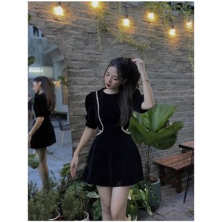 Váy nhung đính đá tay bồng cut out sang chảnh