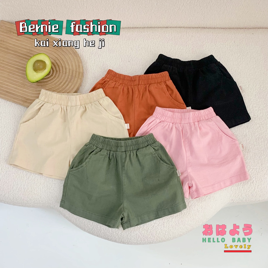 Quần sooc đùi linen kaki mềm bé trai, bé gái unisex có túi màu đen xanh cam be trắng