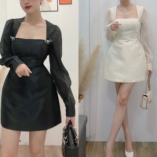 ( Hình thật )Đầm tay dài màu trắng đen kèm tag nơ 2 bên ngực