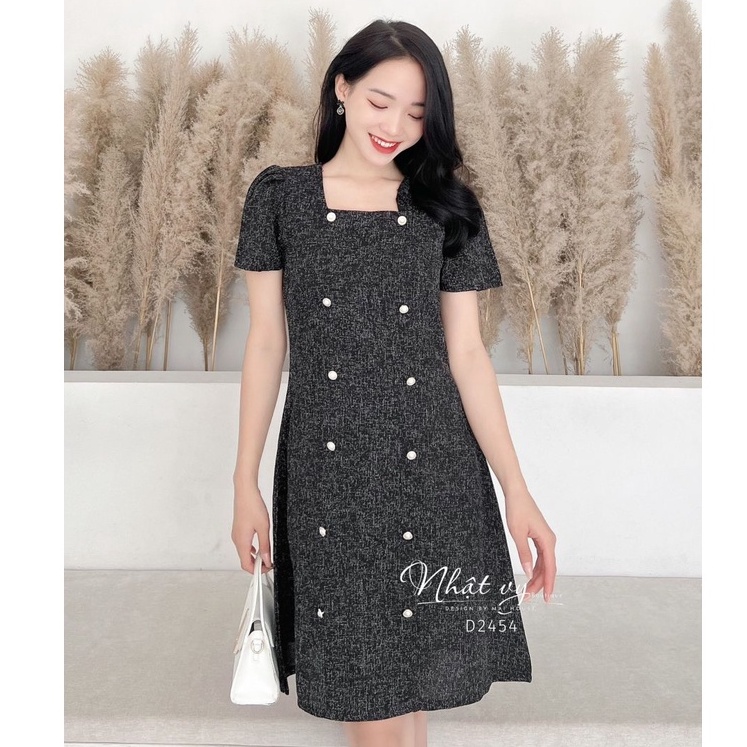 Đầm Váy Bầu MAIHOUSE Dáng Suông Cổ Vuông Đính Cúc Chất Dạ Màu Đỏ, Nude, Xanh, Đen - D2454
