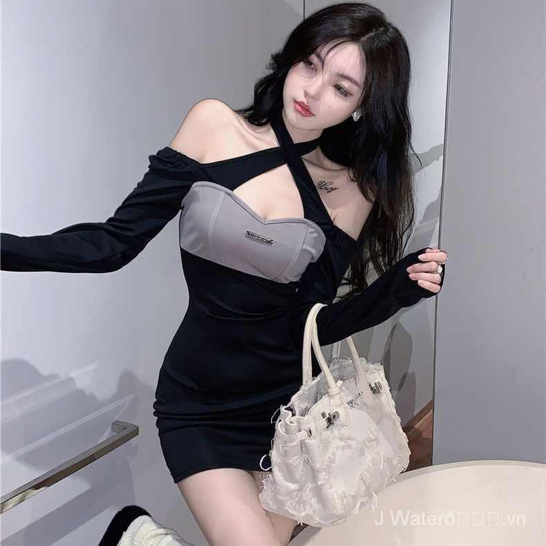 Đầm Đen Cổ Chéo Phong Cách Pháp Ngọt Ngào Thời Trang Xuân Thu Cho Nữ
