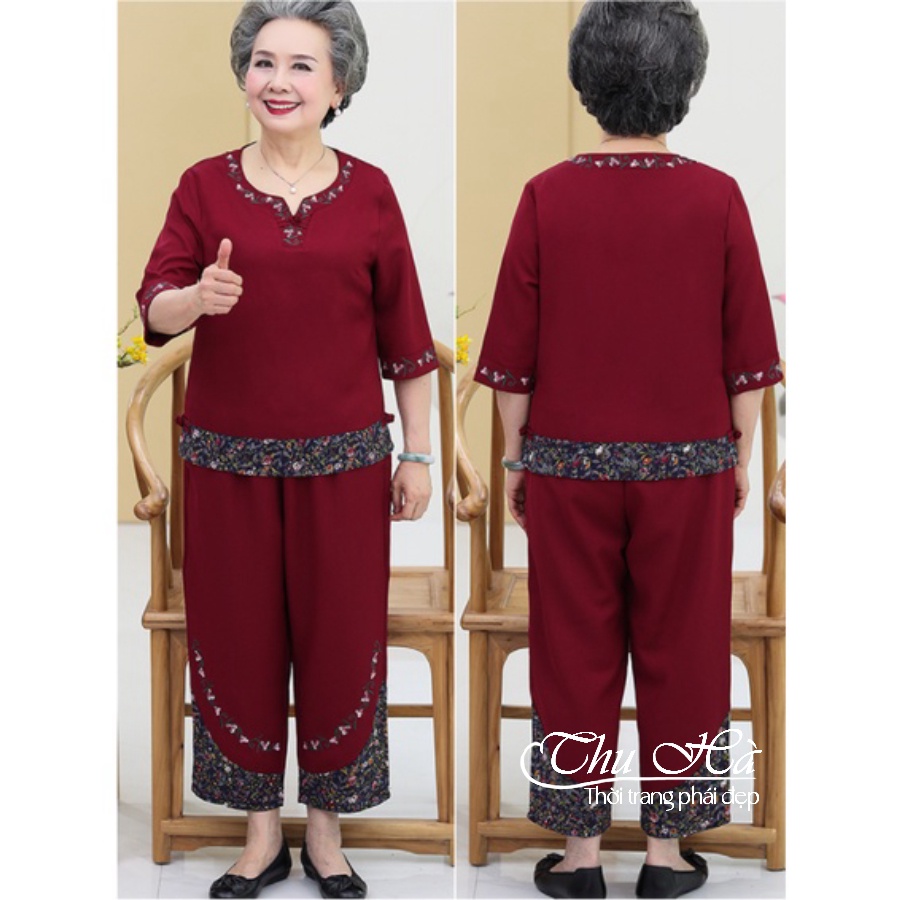 Đồ bộ trung niên nữ thêu hoa Thu Hà quần áo mặc nhà tặng bà tặng mẹ chất liệu co giãn form thoải mái ĐBH.21