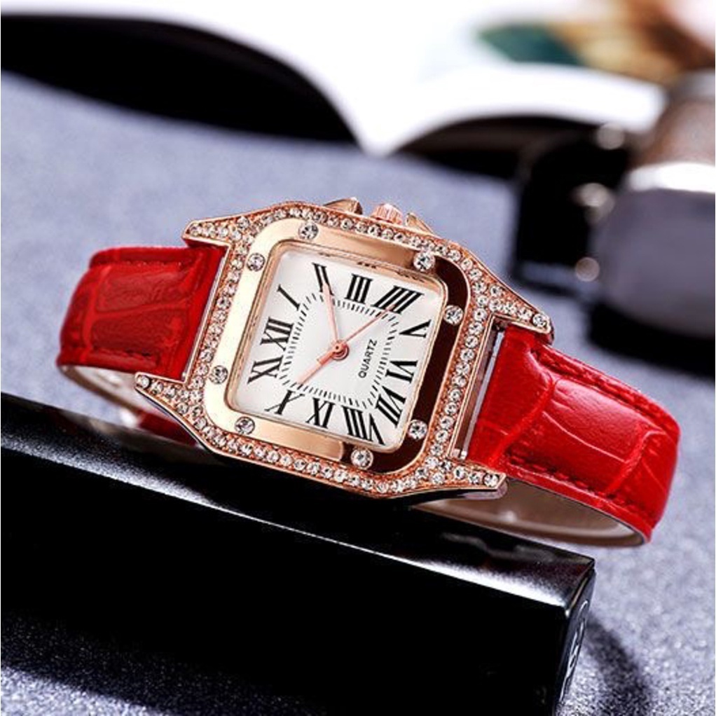 Đồng Hồ Quartz Nữ Mặt Vuông Đính Hột Xoàn Dây Da Thời Trang
