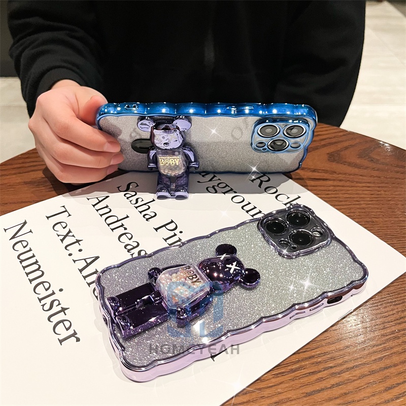 Ốp Điện Thoại Silicon Mềm Lấp Lánh Màu Gradient Hình Gấu Hoạt Họa Sang Trọng Tích Hợp Giá Đỡ Cho iPhone 13 12 Pro Max