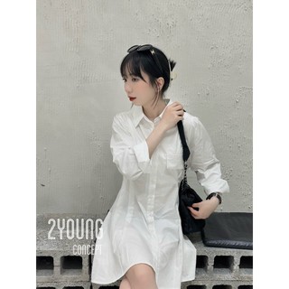 Đầm sơ mi trắng chít eo [2YOUNG] D1074 (ảnh thật)