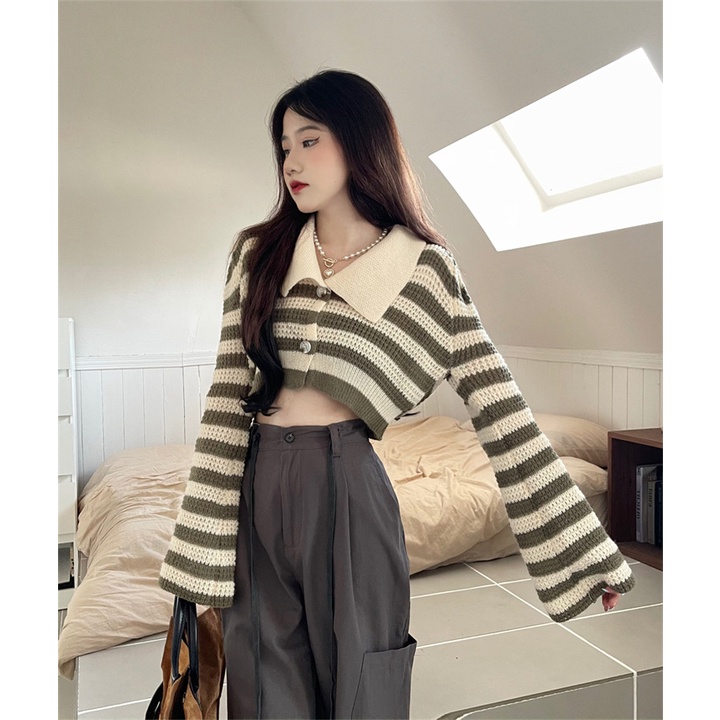 Áo ZHELIHANGFEI dệt kim tay dài cổ polo lưng cao kẻ sọc thiết kế quyến rũ cho nữ