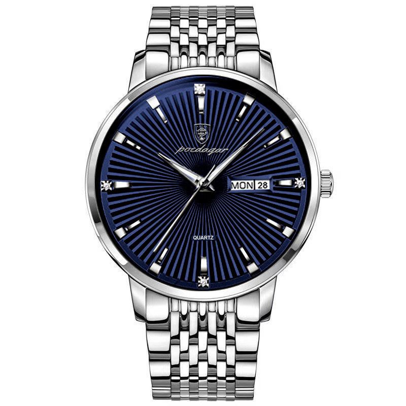 Đồng hồ Nam POEDAGAR mặt xẻ quạt, đồng hồ chính hãng dây thép đúc lõi thạch anh chống xước chống nước