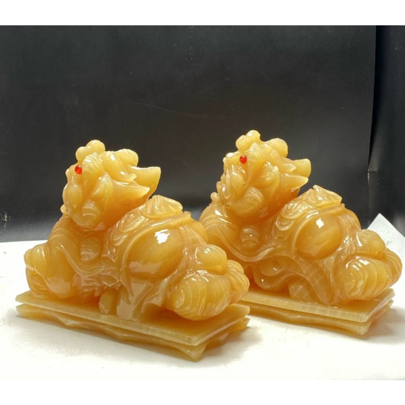 Cặp Tỳ Hưu đá ngọc hoàng long 16cm,đá nguyên khối có đế