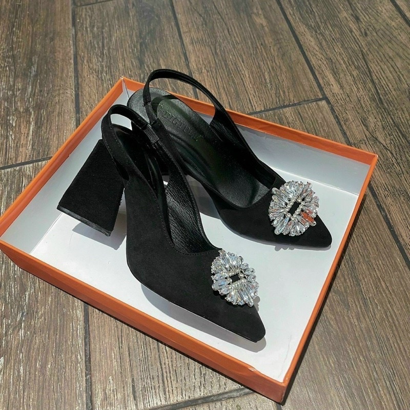 Ảnh chụp thật ♥️ Giày cao gót nữ gót tam giác cao 8 phân mũi nhọn bầu đá da lộn hot hit