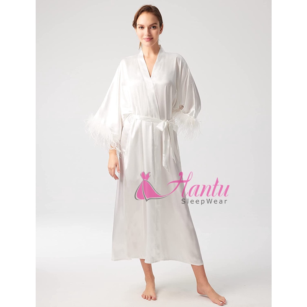 Áo choàng cô dâu ,Áo choàng ngủ dáng Kimono phối lông vũ chụp phóng sự cưới sang trọng Hantu Sleepwear