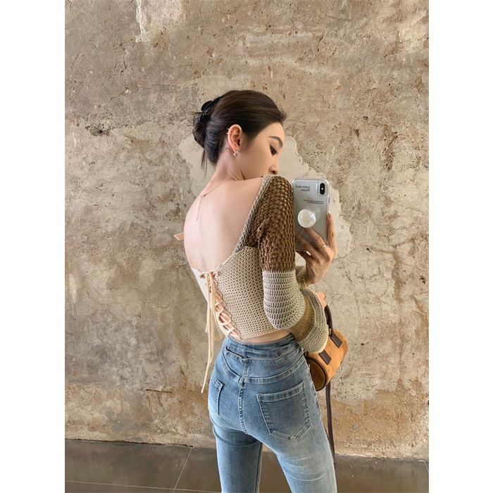 Áo dệt kim ZHELIHANGFEI tay dài cổ vuông hở lưng quyến rũ phong cách thời trang Pháp