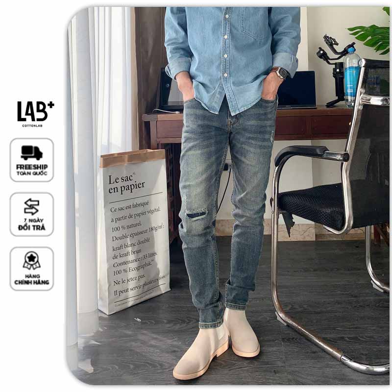 Quần Jean nam Thương Hiệu LAB+ COTTONLAB màu xanh rách cao cấp, co giãn nhẹ form Slimfit - LAB703