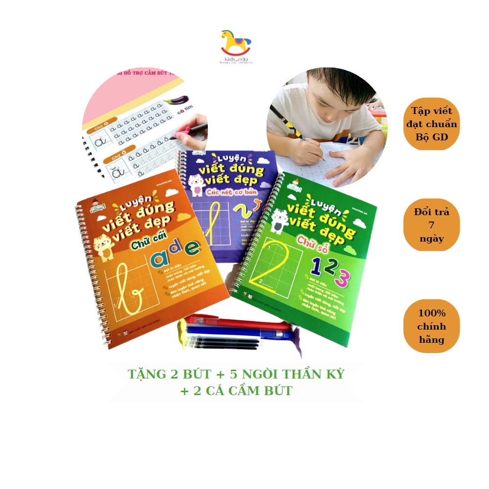 Vở Luyện Viết Đúng Viết Đẹp Chữ Cái - Chữ Số - Các Nét Cơ Bản (Bộ 3 vở) Tặng Kèm 2 Bút Thần Kỳ + 5 ruột + 2 Cá Kẹp Tay