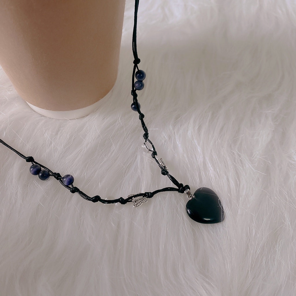 Vòng cổ Mặt Hình Trái Tim Đính Đá Opal Màu Đen Phong Cách Hàn Quốc Ngọt Ngào