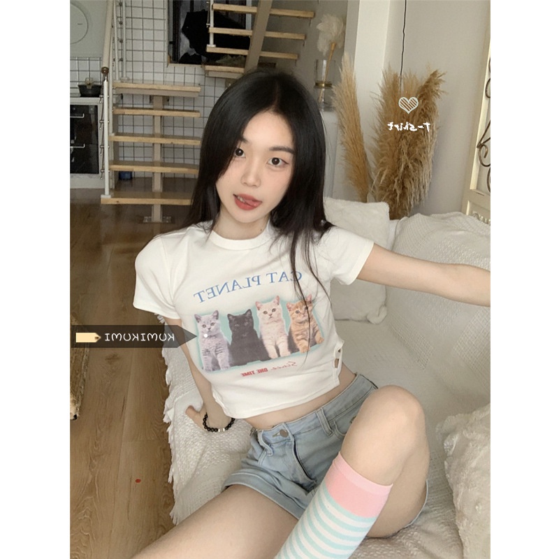 Áo Thun Crop Top Tay Ngắn Màu Trắng In Họa Tiết Thời Trang Quyến Rũ Cho Nữ