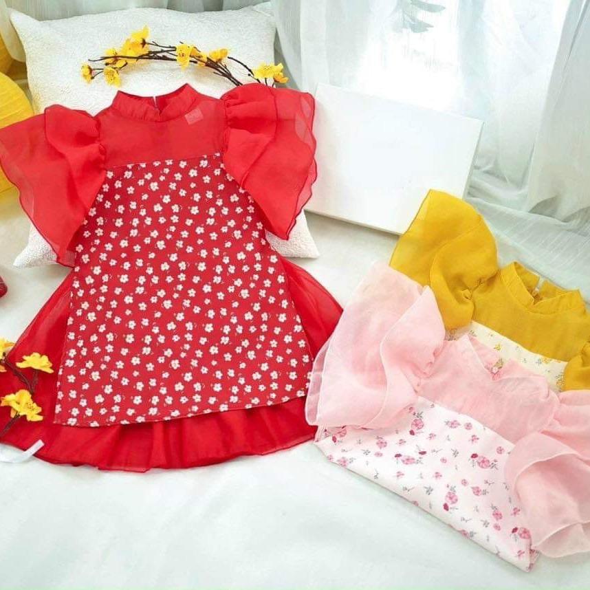 Áo Dài Cách Tân Hoa Nhí Kèm Mấn Cho Bé Gái