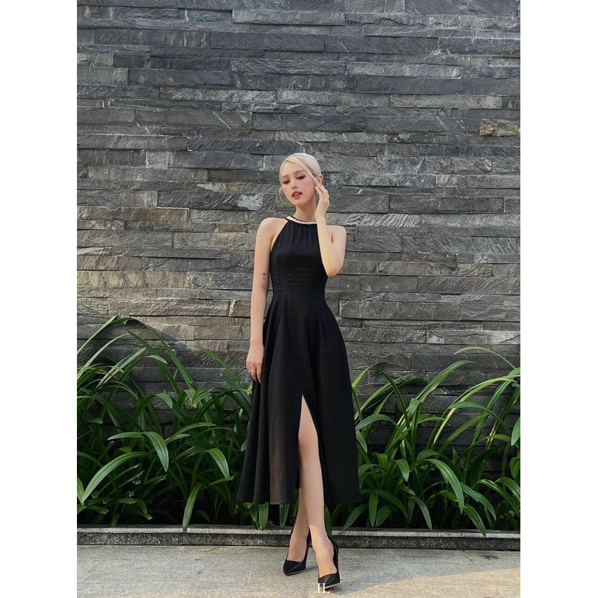 Đầm Váy Maxi Xẻ Dáng Bồng Cổ Yếm Phối Kim Sa