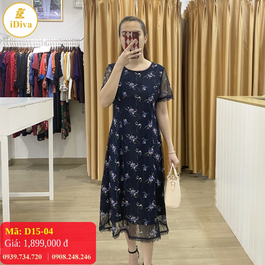 Đầm trung niên cao cấp iDiva D15-04 đầm chất liệu ren thêu mềm, dáng ôm nhẹ phù hợp u50 dự tiệc sang trọng
