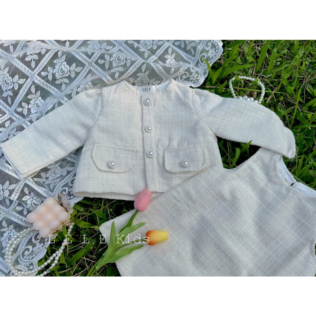 (Chính chủ)Set dạ tweed nhung gân ánh kim tuyến MÀU TRẮNG hàng 2 lớp cho bé gái 8-20kg
