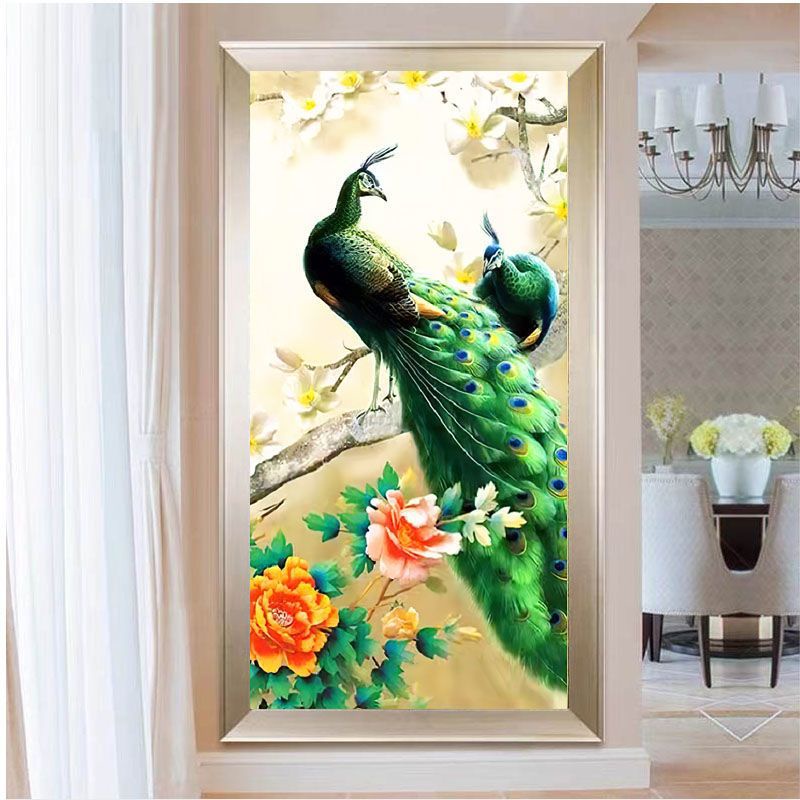 (VẢI 9CT) Tranh thêu chữ thập phong cảnh đôi công và hoa AA2083