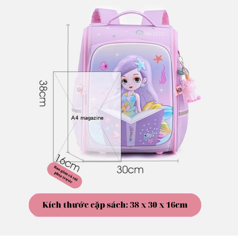 Balo chống gù, cặp sách trẻ em cho bé gái đi học tiểu học lớp 1 2 3 họa tiết 3D Kitty Công chúa Elsa Xu Xu Kids