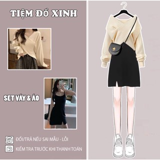 Set váy áo nữ, áo len nữ vạt chéo dài tay phối váy 2 dây xẻ tà,áo len trễ vai màu đỏ/kem sữa phong cách Hàn Quốc