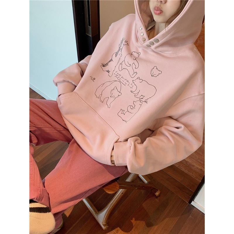 Áo Hoodie Dáng Rộng In Hình Gấu Xinh Xắn Theo Phong Cách Mùa Thu Dành