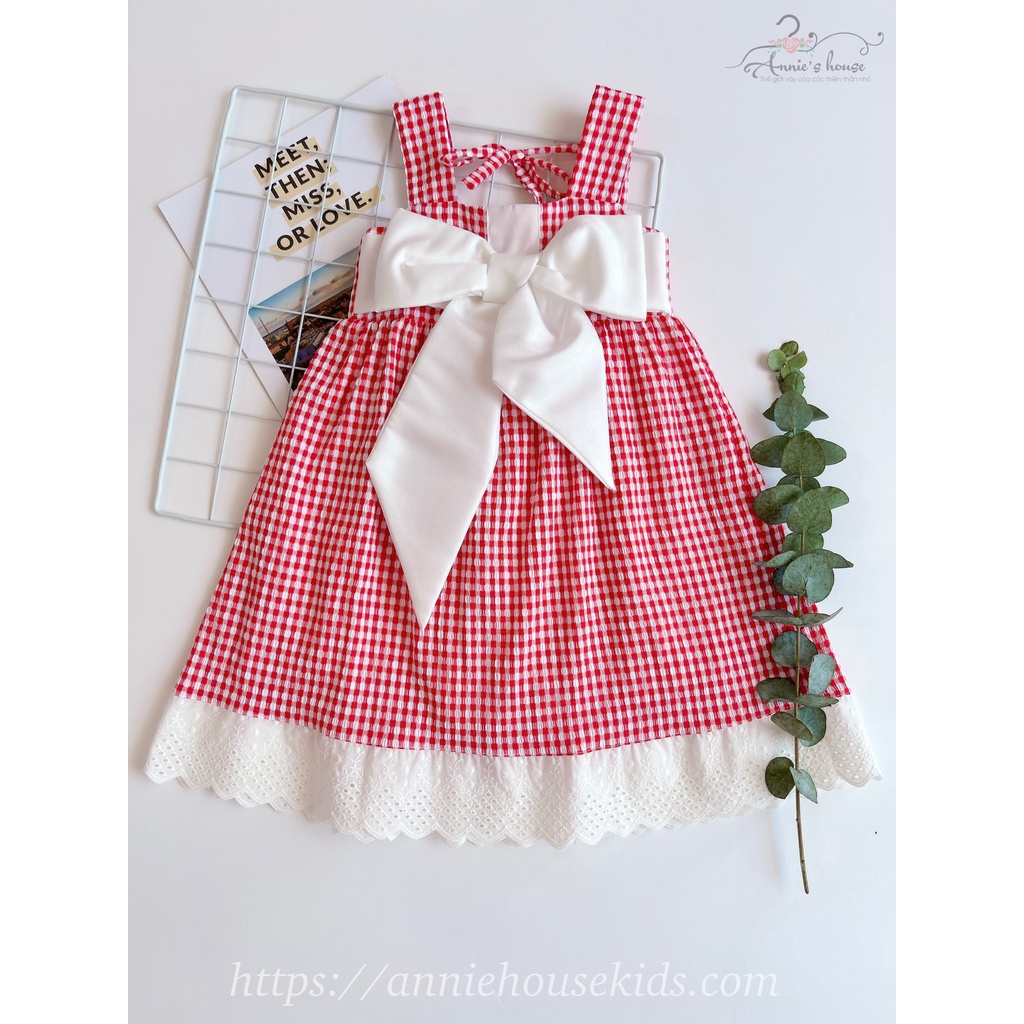 Váy đầm bé gái Annie, đầm caro đỏ nơ trắng chân ren cho bé từ 9 - 33kg