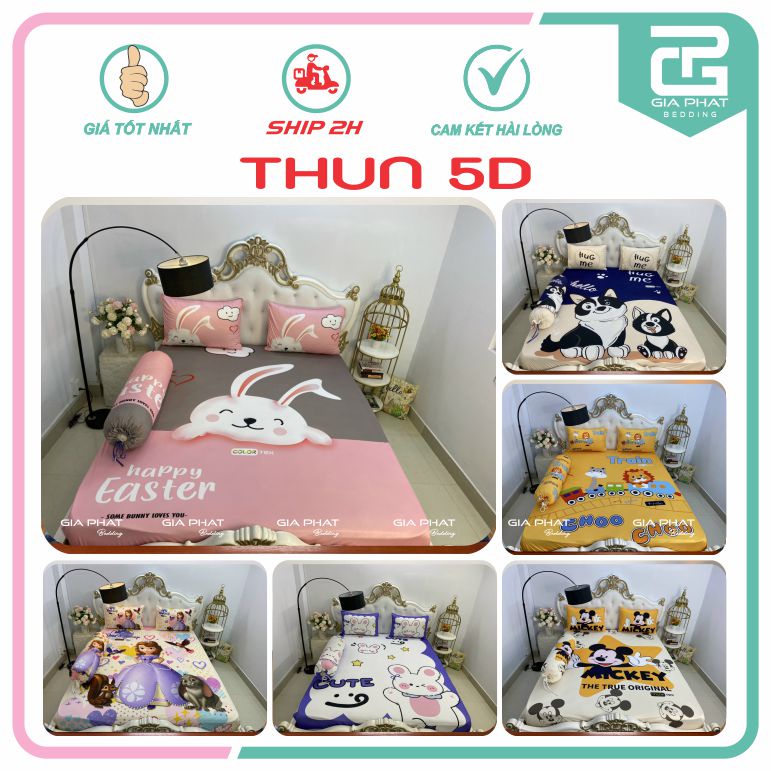 Bộ Ga giường Drap Thun Lạnh Ý 5D { 4 Món } họa tiết Hoạt hình cho bé, dễ thương( 1 ga bọc + 2 vỏ gối nằm + 1 vỏ gối ôm )