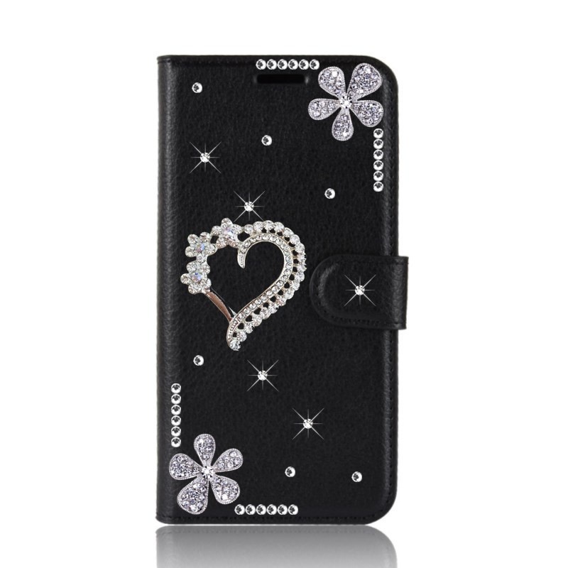 Ốp Điện Thoại Kim Cương Giả Bling Màu Đen Cho iPhone 15 14 Pro Max 11 12 13 Pro Max XR X XS 7 8 Plus Vỏ Da Sang Trọng Lấp Lánh Hoa Cô Gái Đựng Thẻ Tình Yêu Ví Flip Book Co