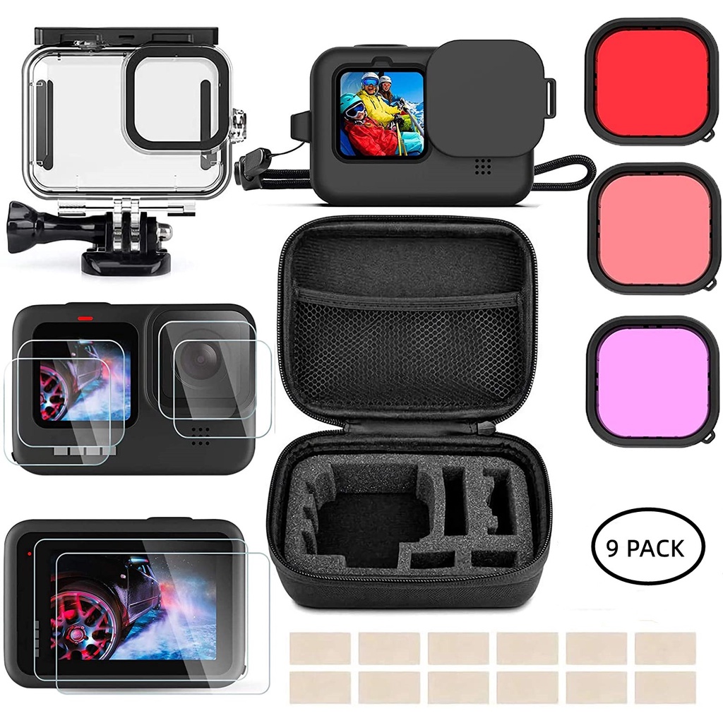Bộ Ốp Bảo Vệ Chống Thấm Nước Màu Đen + Kính Cường Lực + Bộ Lọc Ống Kính Cho gopro hero 11 / hero 10 / hero 9