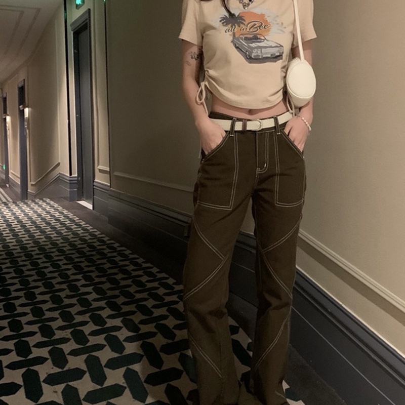 IELGY  IELGY Áo Thun Trễ Vai Rút Dây Phong Cách retro Mỹ Cho Nữ