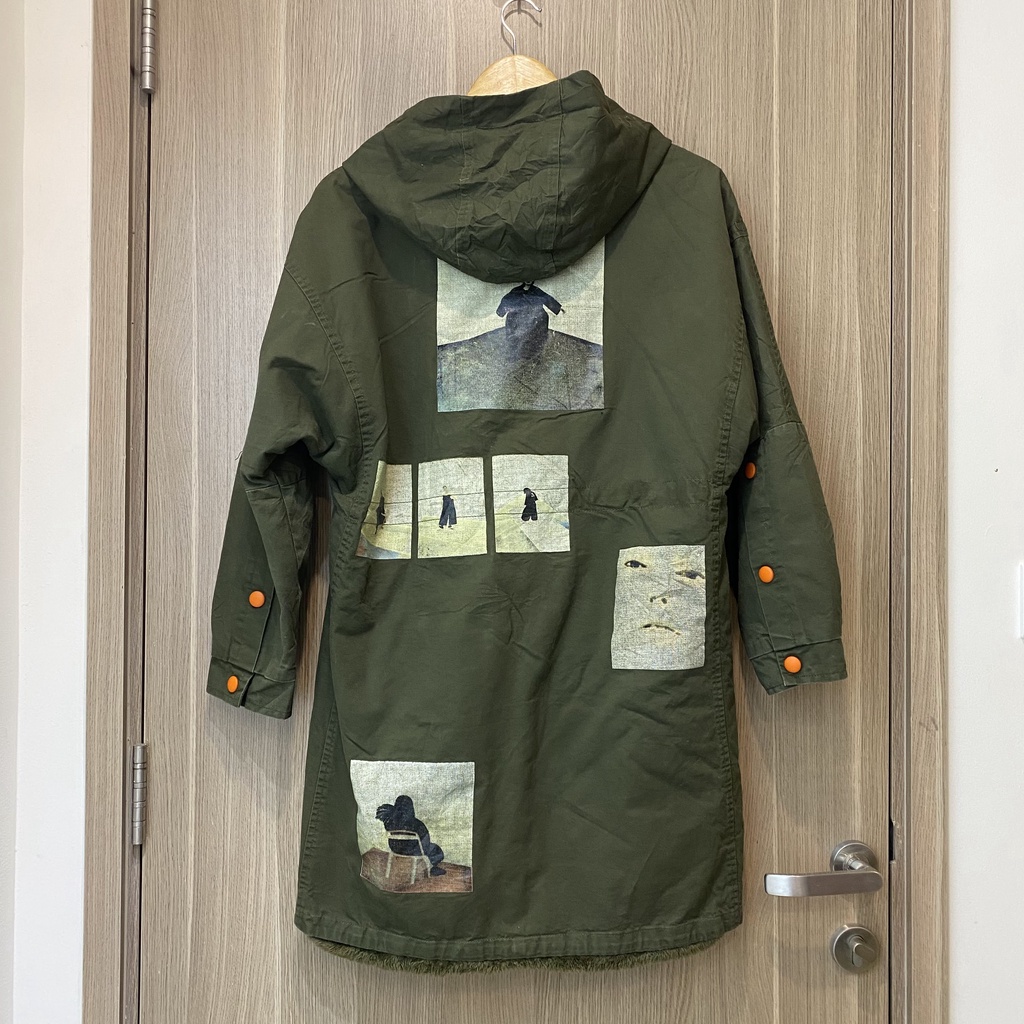 Áo khoác parka kaki dáng dài lót lông mũ lông rút dây chỉnh eo túi hộp hàng 2HAND size 50-58KG