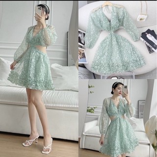 Đầm ren hoa nổi khoét eo