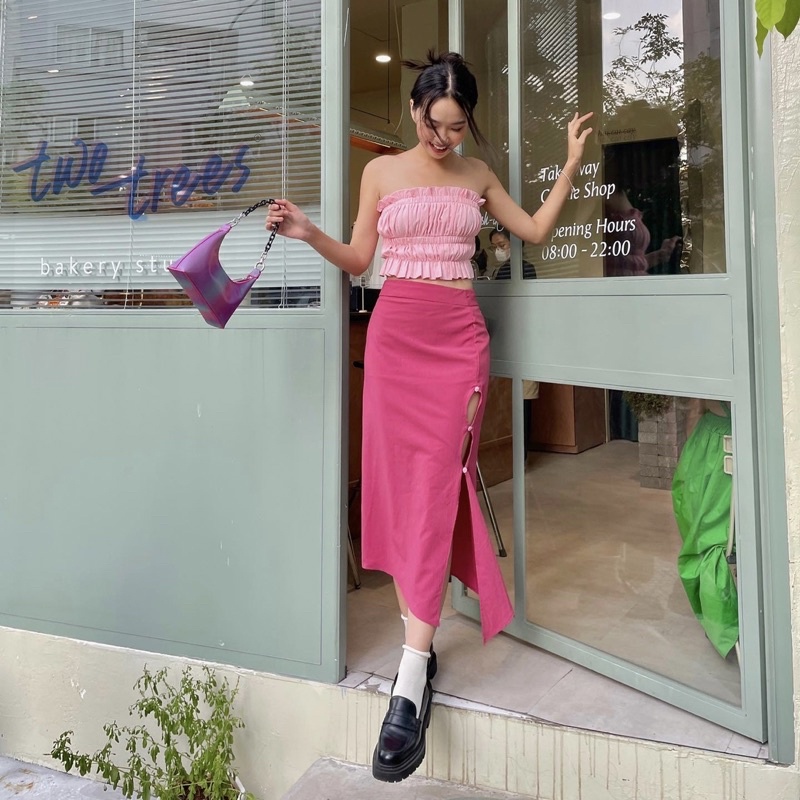 Pinky Set - Set áo và chân váy dài xẻ tà màu hồng sang chảnh