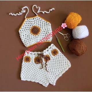 Set bikini đan móc len hoa hướng dương - áo yếm