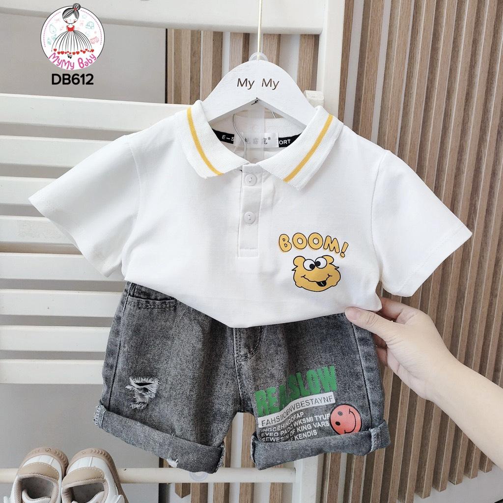 Đồ bộ BOOM cổ polo kèm quần jean chữ mặt cười có 2 màu trắng và vàng