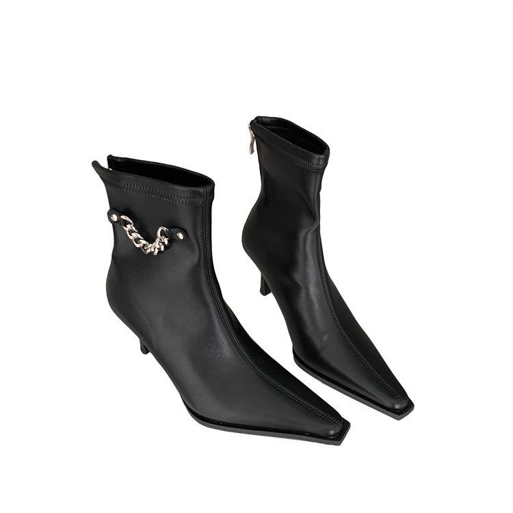 [Có sẵn] MÃ 1128-6 BỐT NỮ CỔ NGẮN PHỐI XÍCH CHẤT DA LỲ MỀM GÓT NHỌN CAO 6P CAO CẤP FULLBOX