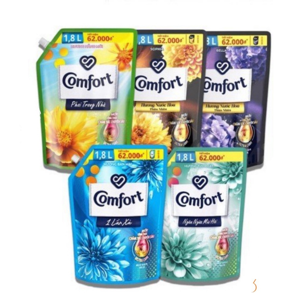 Nước xả vải Comfort hương ban mai/ gió xuân/ nước hoa Bella/ nước hoa Sofia/ nắng mới/ tươi mát/ cho da nhạy cảm 1,8L