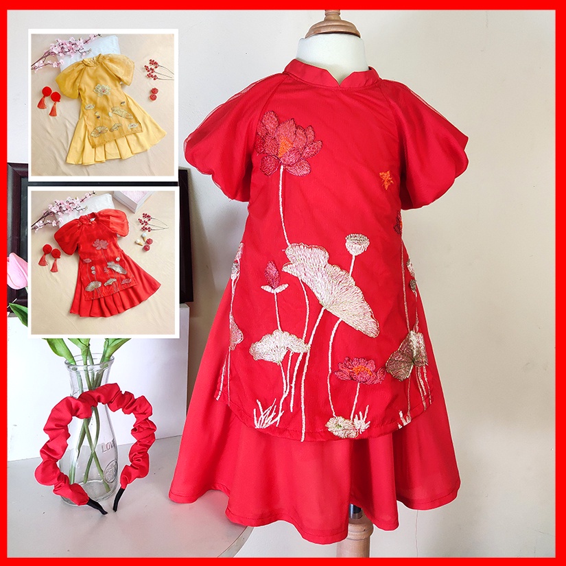 Áo dài cách tân cho bé gái HÀNG THIẾT KẾ MAY KỸ áo dài lụa tết tay bồng cao cấp Hongvybaby