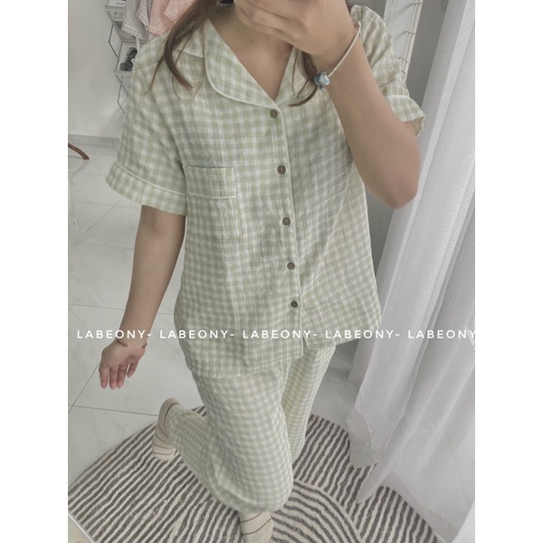 Đồ bộ nữ mặc nhà Pyjama caro ngắn dài muslin Hàn Labeony