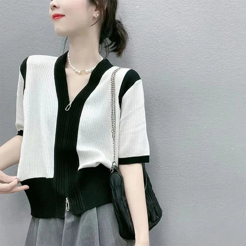 40-90kg Áo Thun Tay Ngắn Cổ Chữ V Có Khóa Kéo Thời Trang Mùa Hè Cho Nữ Từ
