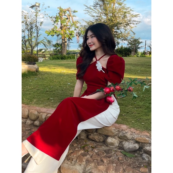 VELLE DESIGN - Áo dài tết Ruby chất nhung mịn dày dặn kèm quần lụa - quần dài 109cm