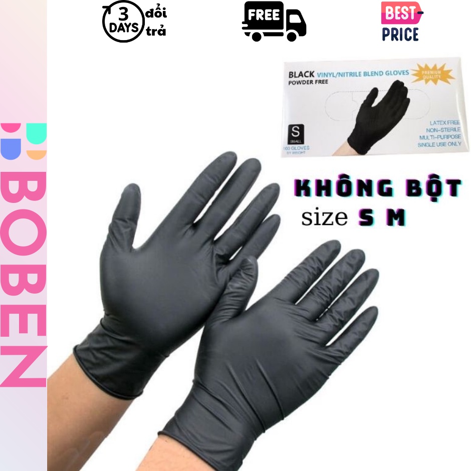 (Hộp 100c) Găng Tay Y Tế Đen Không Bột, Hộp 100 Chiếc Đen Nhám, Bao Tay Cao Su Đen Dùng Trong Spa Ph