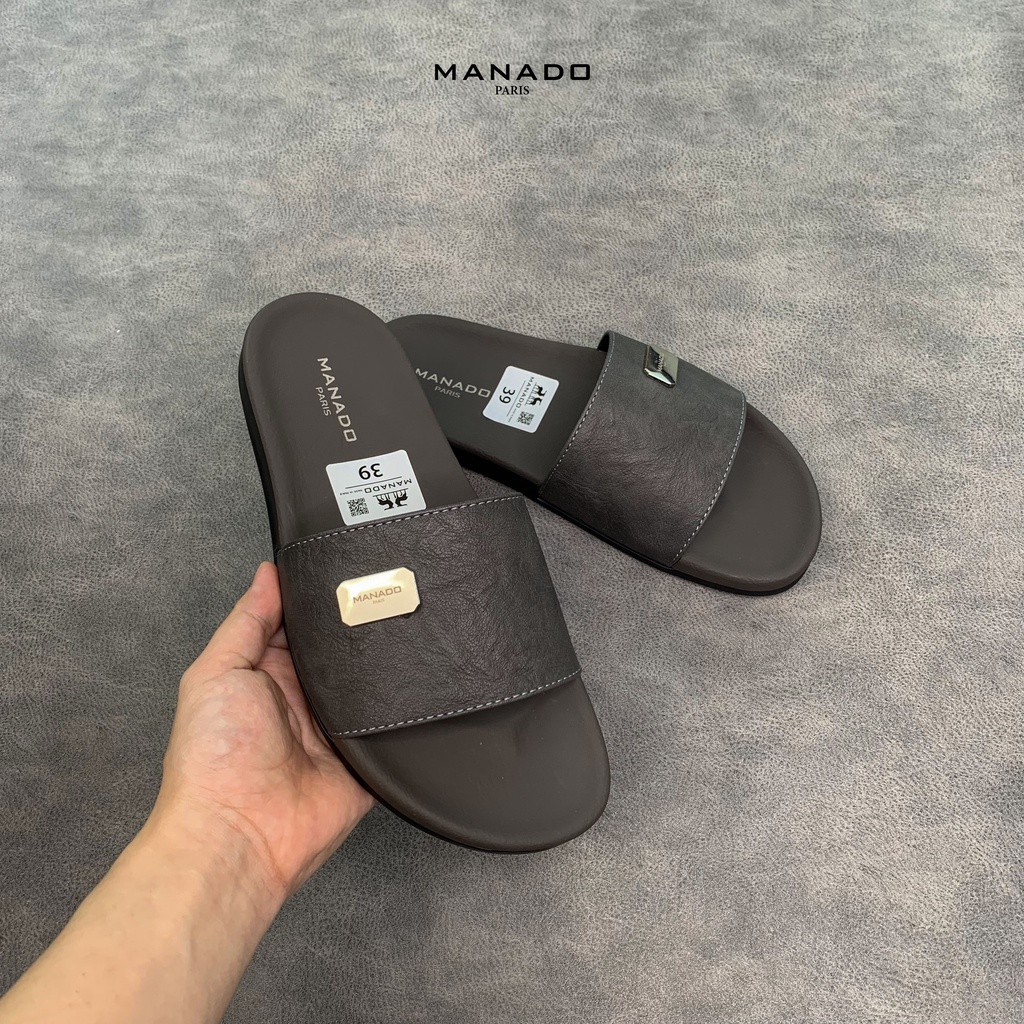 Dép da nam quai ngang cao cấp Manado Mã MND02 màu xám fullbox, quai da mềm mại, đế cao su thiết kế chắc chắn