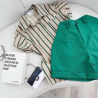 SET SƠ MI KẺ SỌC SHORT XANH