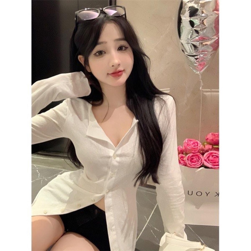 Áo kiểu tay dài PINKSTORE29 có cúc cài, cổ kiểu bẻ dáng ôm body gợi cảm A5557 | BigBuy360 - bigbuy360.vn