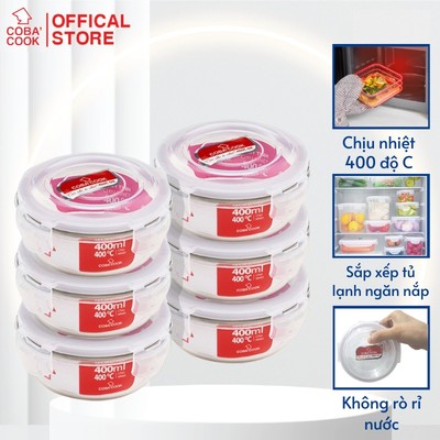 Bộ 6 Hộp Thủy Tinh COBACOOK Đựng Thực Phẩm Trữ Đồ Ăn Trong Tủ Lạnh Thủy Tinh Hình Tròn 400 ml- CCR46