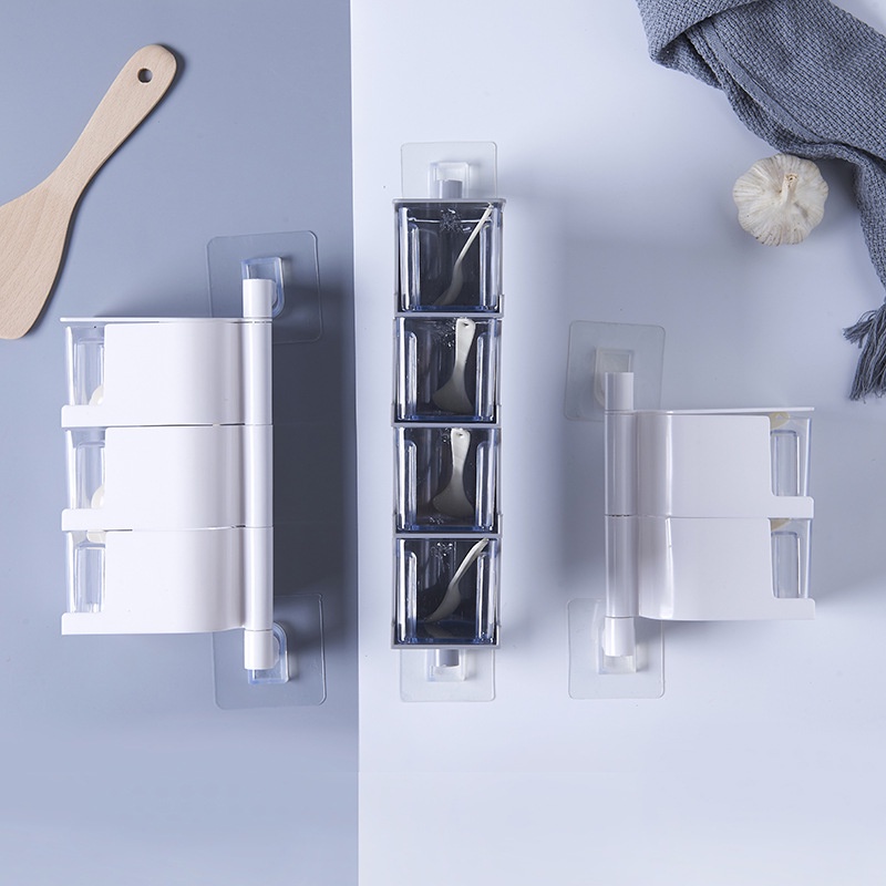 Hộp Đựng Gia Vị Bằng Nhựa Gắn Tường Không Cần Đục Lỗ Kèm Muỗng Xoay Cho Nhà Bếp